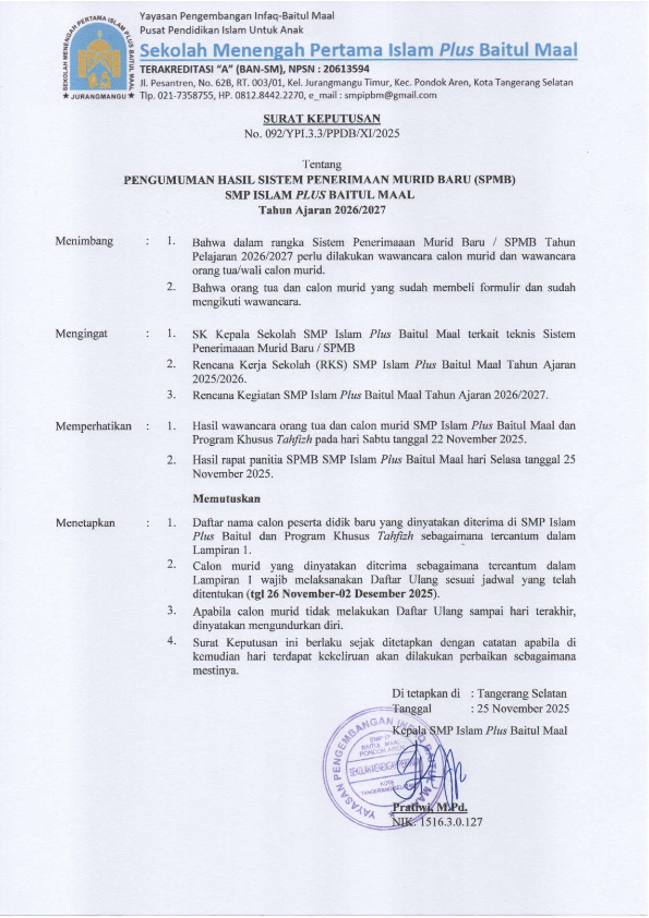 SK Kepala sekolah Siswa yang Diterima SMP ISLAM PLUS BAITUL MAAL 001